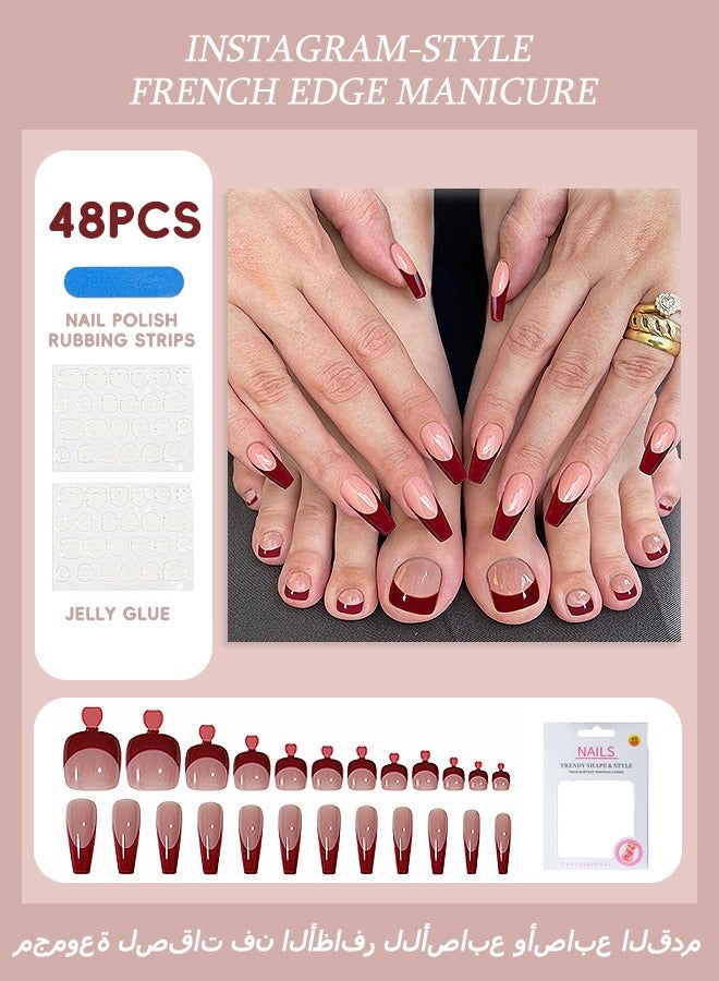 Beyond 48-Piece French Edge Press On Fake Nails, Include Jelly Stickers and Nail File and Small Wooden Stick (Burgundy+Nude Pink) - Image 1
