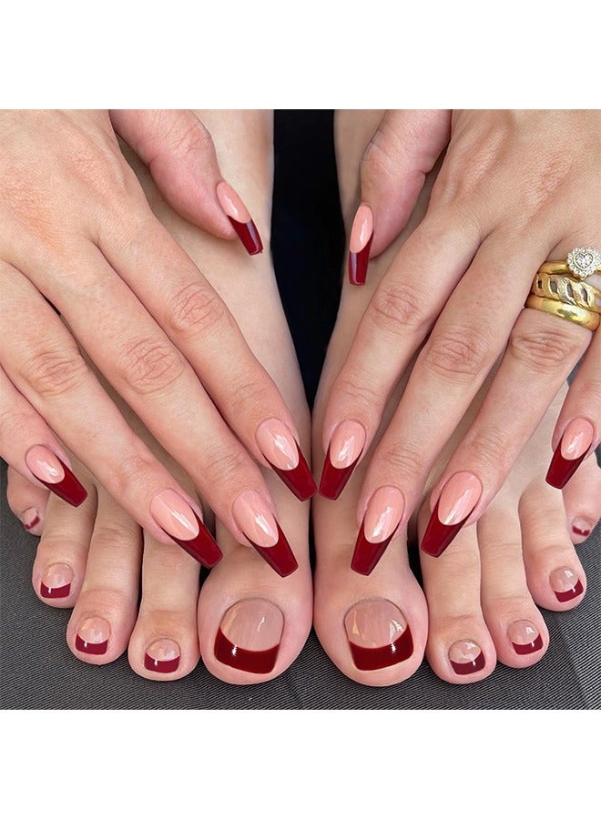 Beyond 48-Piece French Edge Press On Fake Nails, Include Jelly Stickers and Nail File and Small Wooden Stick (Burgundy+Nude Pink) - Image 2