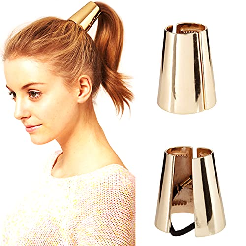 KINFENE 2 Pack Metal Ponytail Horsetail Buckles with Smooth Alloy Bands - Simple Elastic Hair Rings for Long Hair (Gold) - Image 1