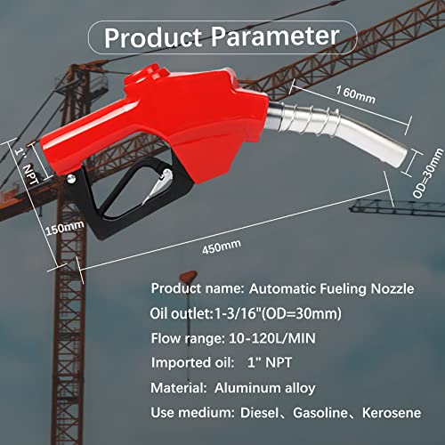 Azdele 1 Inch NPT Red Automatic Fueling Nozzle 1-3/16 Inches(OD=30mm) Spout Auto Shut Off Aluminum Alloy Diesel Petrol Fuel Nozzle, The Max Flow Rate 120L/Min - Image 2