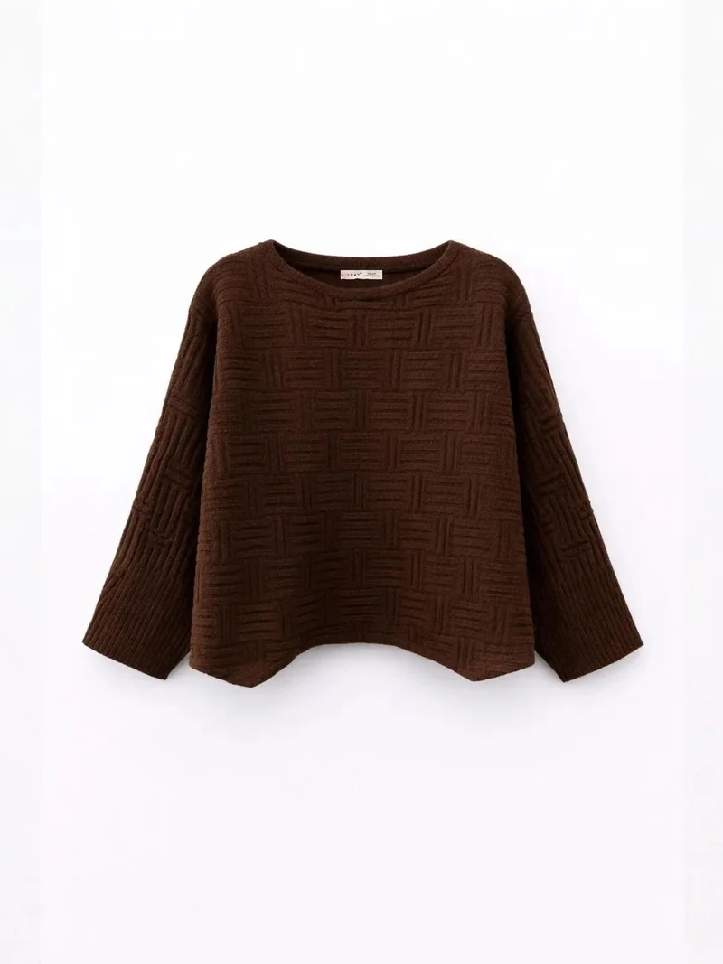 ميكسراي MIXRAY Oversized Textured Ribbed Crew Neck Sweater