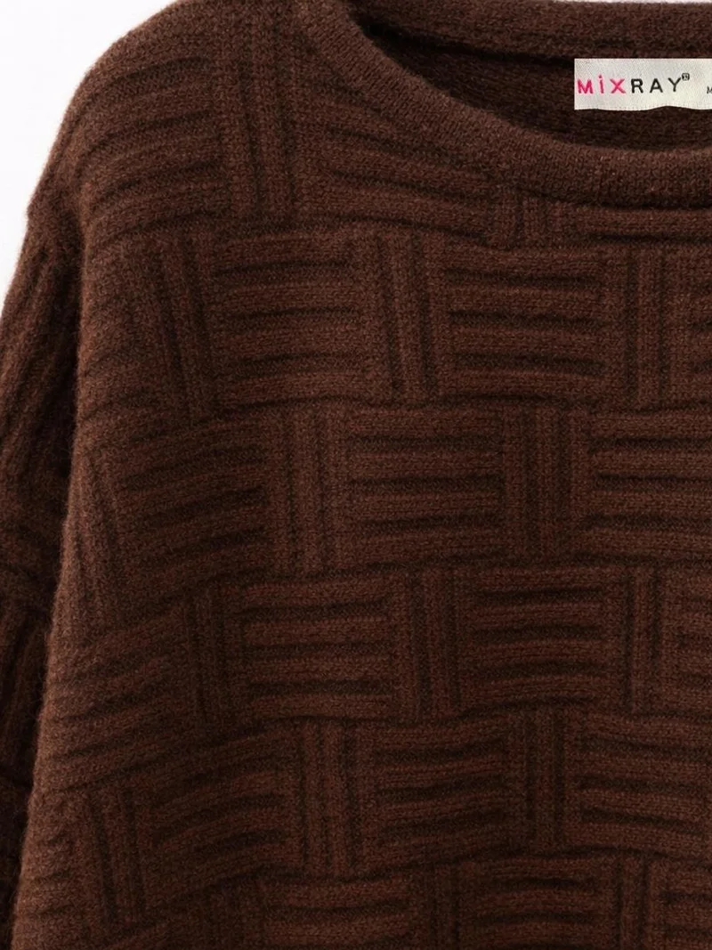 MixRay Coffee Brown MIXRAY Oversized Textured Ribbed Crew Neck Sweater for Women | Best Price UAE