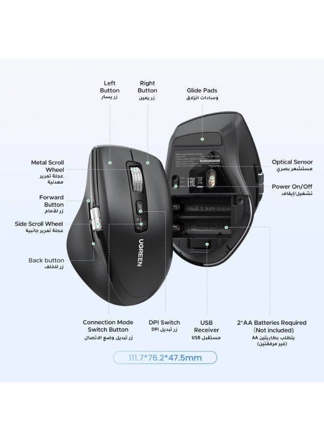 Ugreen Wireless Mouse for Laptop & MacBook, Bluetooth + 2.4G Dual Mode Mouse with 3 Device Connection, Up to 5000 DPI, 5-Level Adjustment, Side Scroll Wheel, Portable Ergonomic Mouse for Office, Travel & Creative Work black - Image 3