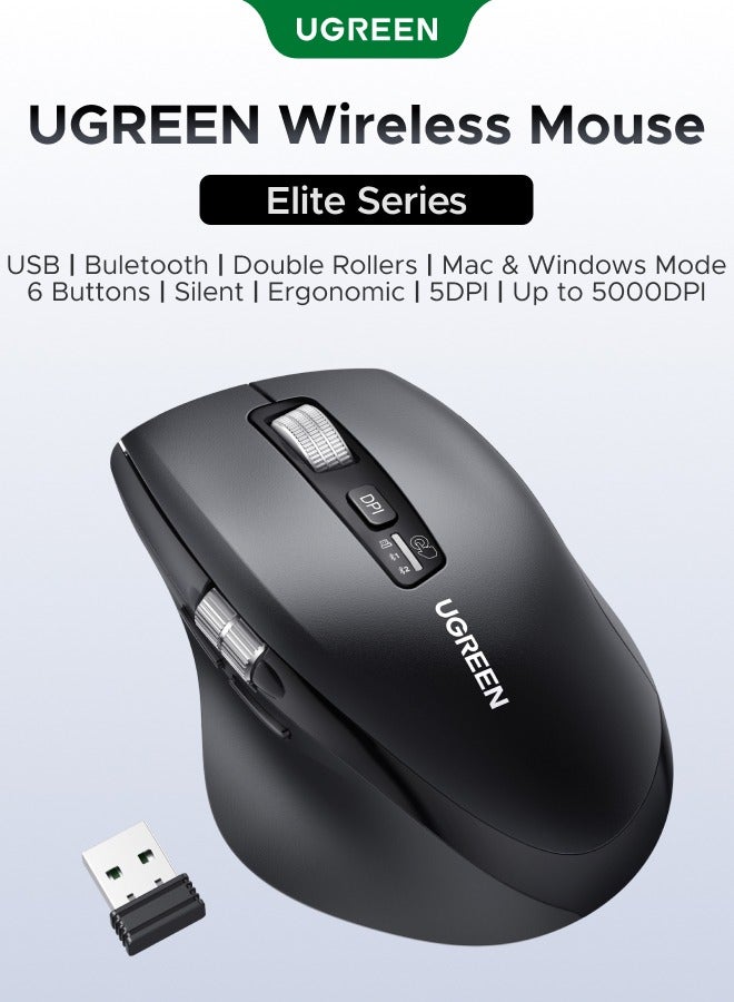 Ugreen Wireless Mouse for Laptop & MacBook, Bluetooth + 2.4G Dual Mode Mouse with 3 Device Connection, Up to 5000 DPI, 5-Level Adjustment, Side Scroll Wheel, Portable Ergonomic Mouse for Office, Travel & Creative Work black - Image 1