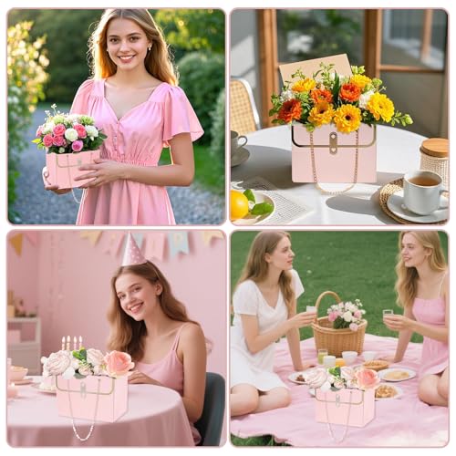 baotongle 6pcs Flower Paper Gift Box Bouquet Storage Bucket Handbag with Metal Chain Flower Boxes for Arrangements Wedding Valentine's Mother's Day Birthday Bridal Shower Pink - Image 2