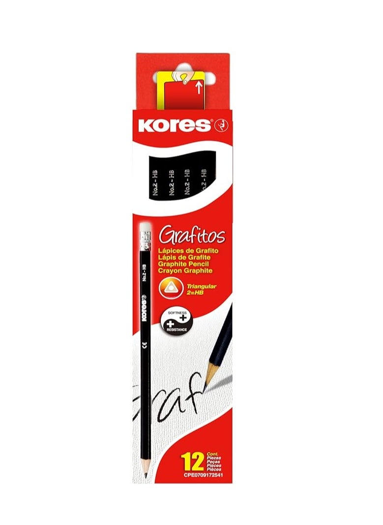 Kores Graphite Pencils for Kids and Adults with Soft Lead and Eraser Tip, Triangular Shape, School and Office Supplies for Writing, Drawing and Sketching, Pack of 12  - Image 1