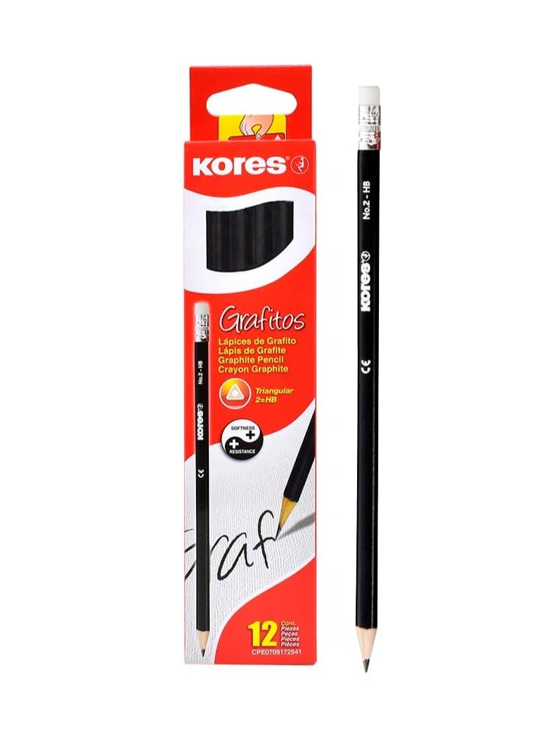 Kores - Graphite Pencils for Kids and Adults with Soft Lead and Eraser Tip, Triangular Shape, School and Office Supplies for Writing, Drawing and Sketching, Pack of 12 - Image 1