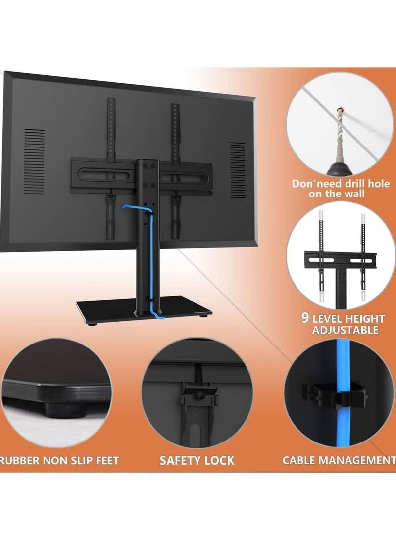 Universal TV Stand/Base Table Top TV Stand with Wall Mount for 27 to 55 inch 9 Level Height Adjustable, Heavy Duty Tempered Glass Base - Image 3