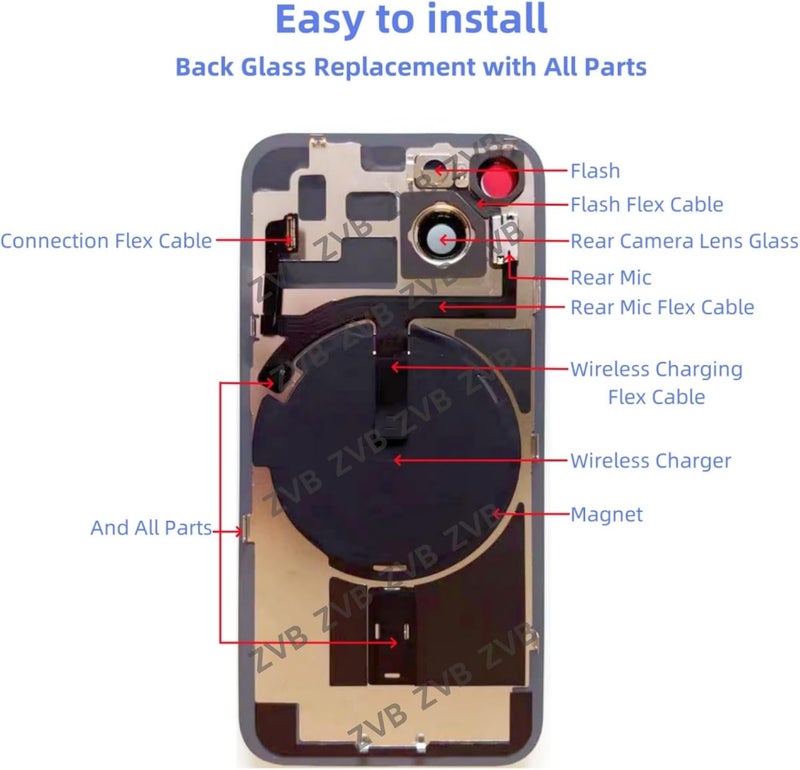 ZVB 14 Back Glass Replacement Kit with Plate & Flex Cable and All Parts, Blue, 6.1 Inch for iPhone 14 Back Cover Glass, with Repair Tools (Blue) - Image 3