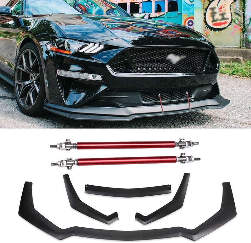 KEEPDSGN 3PCS Matte Black Front Bumper Lip Chin Spoiler Splitter Diffuser Protector Body Kit with Adjustable Red Support Rods for 2018-2022 Ford Mustang - Image 1
