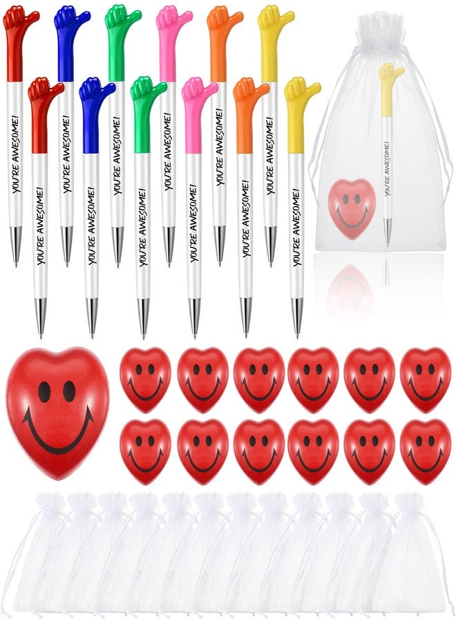 Fumete 12 Sets 12 Sets Employee Appreciation Gifts Bulk Inspirational Thumbs up Pens Heart Stress Balls and Bags Thank You Gift for Staff Nurse Coworker Teacher (You Are Awesome) - Image 1