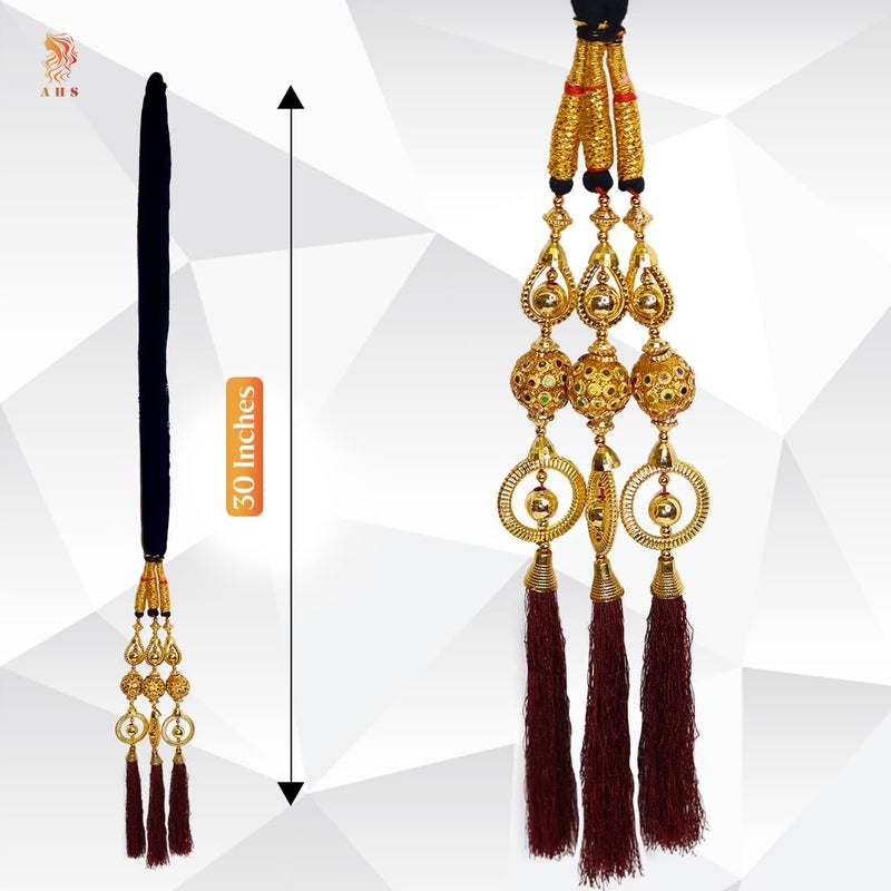 AHS باراندا AHS للشعر إكسسوار ثقيل أنيق للنساء والفتيات | خيوط ضفيرة طويلة حمراء وذهبية باراندي تقليدية باتيالا تشوتي لتمديد الشعر (عبوة من 2) - Image 2