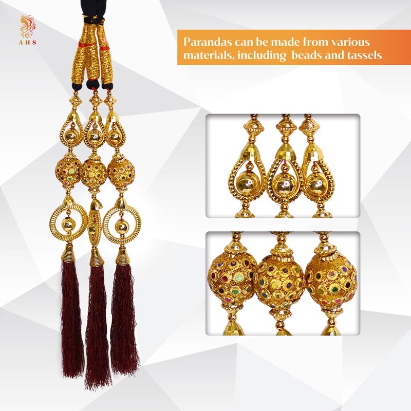 AHS باراندا AHS للشعر إكسسوار ثقيل أنيق للنساء والفتيات | خيوط ضفيرة طويلة حمراء وذهبية باراندي تقليدية باتيالا تشوتي لتمديد الشعر (عبوة من 2) - Image 3