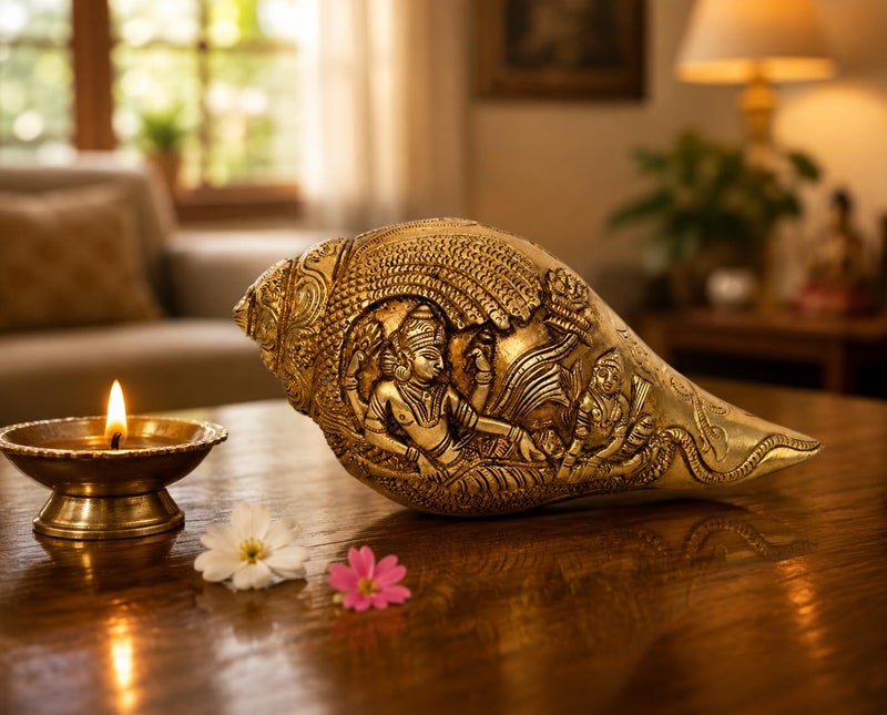 ARTVARKO Brass Lord Vishnu Laxmi and SheshNaag Carving Shankh Conch for Temple Vastu Decorative Items Sankh for Home 7.5 Inch - Image 1