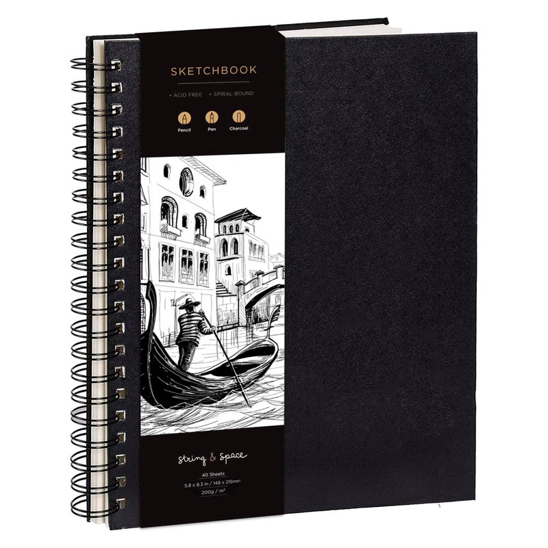 String & Space Artistâ€™s Sketchbook Hardcover â€“ 200GSM Very Thick Paper â€“ Spiral Sketch Book for Drawing and Mixed Media â€“ Sketch Pad, Art Book - 5.8 x 8.5, 40 Sheets / 80 Pages - Image 1