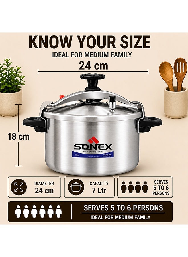 SONEX 7 LiterLiters SONEX Classic Aluminium Pressure Cooker 7 Liter (24 cm), Heavy Duty Metal Finish Cooker, Medium Family Size, Inner Lid Locking System, Fast & Even Cooking, Ideal for Biryani, Meat & Family Meals Silver - Image 2
