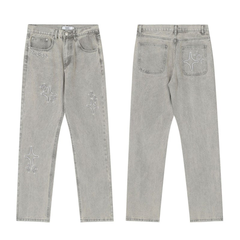 Trendy brand Broken planet new embroidered cross straight jeans spring and summer street youth trousers 8012 gray 