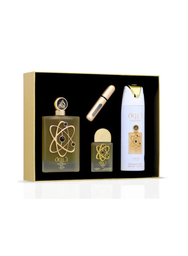 Lattafa PRIDE GIFTSET Tharwah Gold | Set 3-Piece (Edp 100ml + Edp 20ml + Deodorant 200ml) - Image 3
