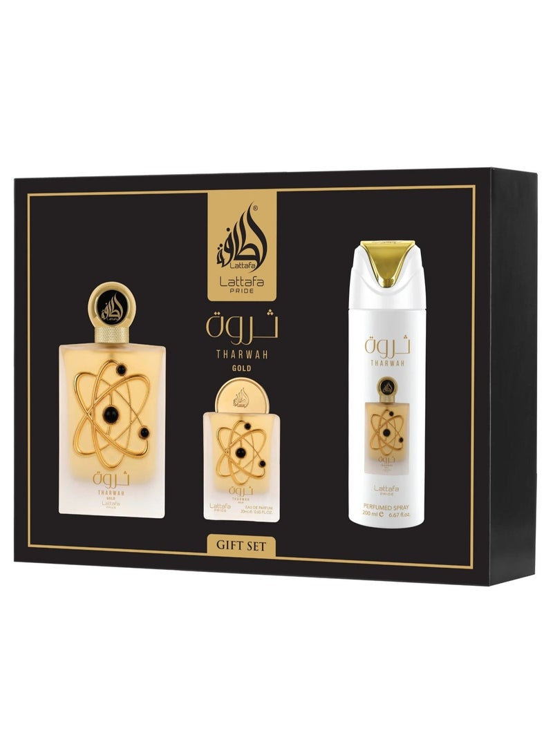 Lattafa PRIDE GIFTSET Tharwah Gold | Set 3-Piece (Edp 100ml + Edp 20ml + Deodorant 200ml) - Image 2