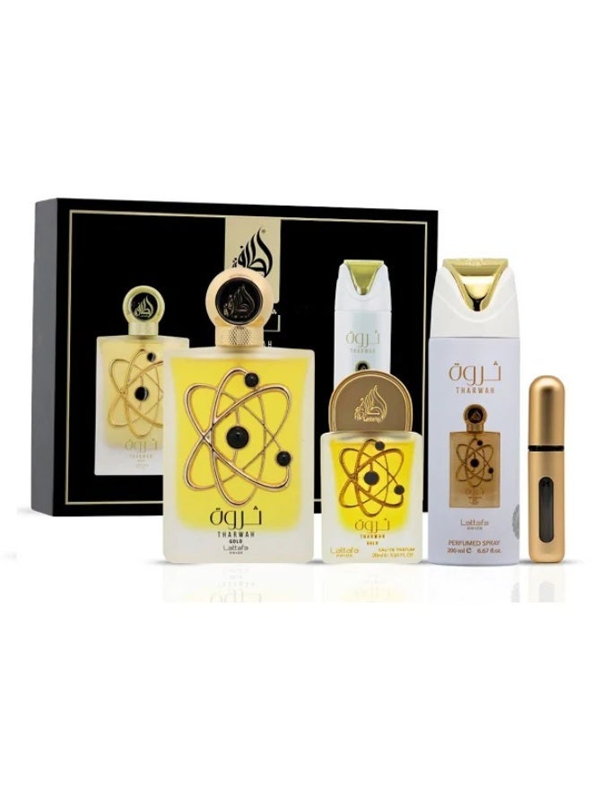 Lattafa PRIDE GIFTSET Tharwah Gold | Set 3-Piece (Edp 100ml + Edp 20ml + Deodorant 200ml) - Image 1