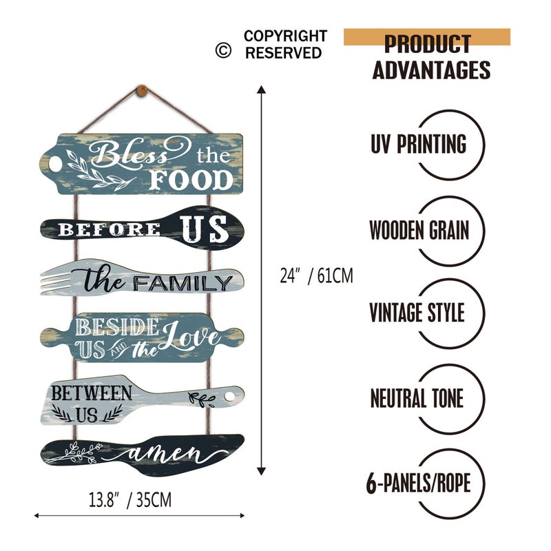 EXQUIDECA Bless the Food Before Us Farmhouse Kitchen Wall Decor - Dining Room Decorations Collage Wall Art in Neutral Teal/Aqua Color - Wooden Rustic 6pcs Roped Sign 25x14 Inches Vertical - Image 3