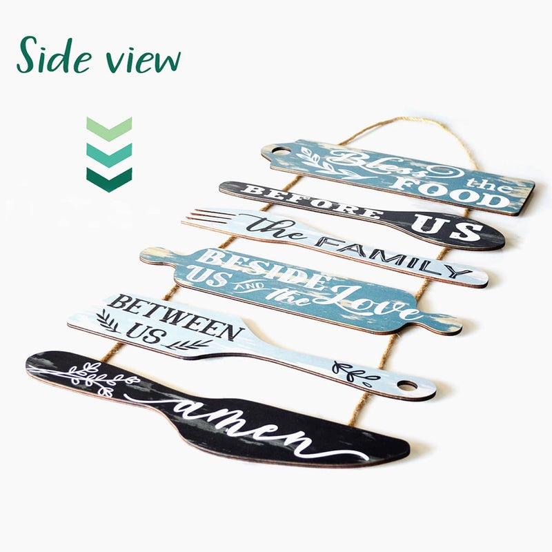 EXQUIDECA Bless the Food Before Us Farmhouse Kitchen Wall Decor - Dining Room Decorations Collage Wall Art in Neutral Teal/Aqua Color - Wooden Rustic 6pcs Roped Sign 25x14 Inches Vertical - Image 4