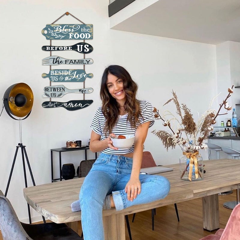 EXQUIDECA Bless the Food Before Us Farmhouse Kitchen Wall Decor - Dining Room Decorations Collage Wall Art in Neutral Teal/Aqua Color - Wooden Rustic 6pcs Roped Sign 25x14 Inches Vertical - Image 5