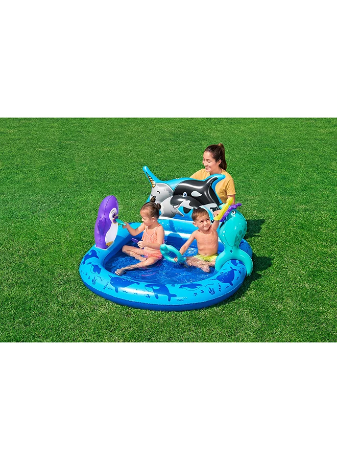 بست واي Bestway, Polar Pals Inflatable Kids Play Center with Splash Pool, Ring Toss Fish Game, EVA Fish Toys, Cute Whale Sprayer Design, Outdoor Water Activity Set, Repair Patch Included, 1.34mx1.31mx73cm