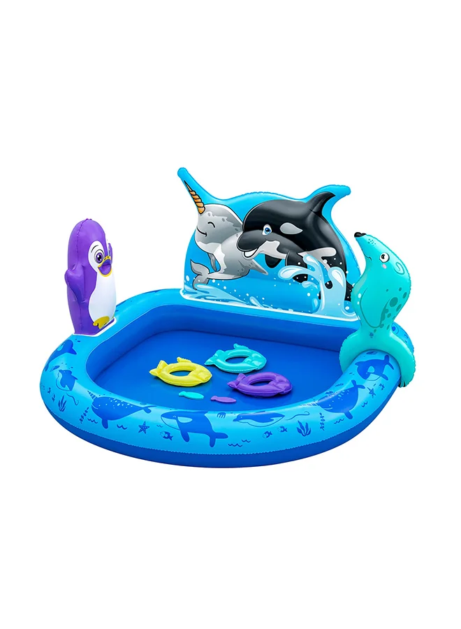 بست واي Bestway, Polar Pals Inflatable Kids Play Center with Splash Pool, Ring Toss Fish Game, EVA Fish Toys, Cute Whale Sprayer Design, Outdoor Water Activity Set, Repair Patch Included, 1.34mx1.31mx73cm
