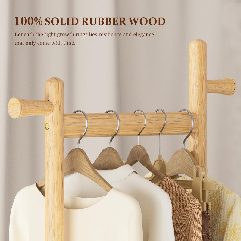 Taitiy Solid Wood Coat Rack Freestanding Clothing Rack with Wheels & 2 Shelves Storage & 5 Hooks Heavy Duty Clothes Rack Wood Coat Tree Stand Hat Hanger Rack for Corner Bedroom Entryway Living Room Hotel - Image 2