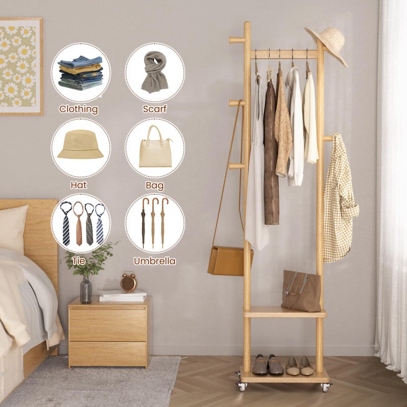 Taitiy Solid Wood Coat Rack Freestanding Clothing Rack with Wheels & 2 Shelves Storage & 5 Hooks Heavy Duty Clothes Rack Wood Coat Tree Stand Hat Hanger Rack for Corner Bedroom Entryway Living Room Hotel - Image 5