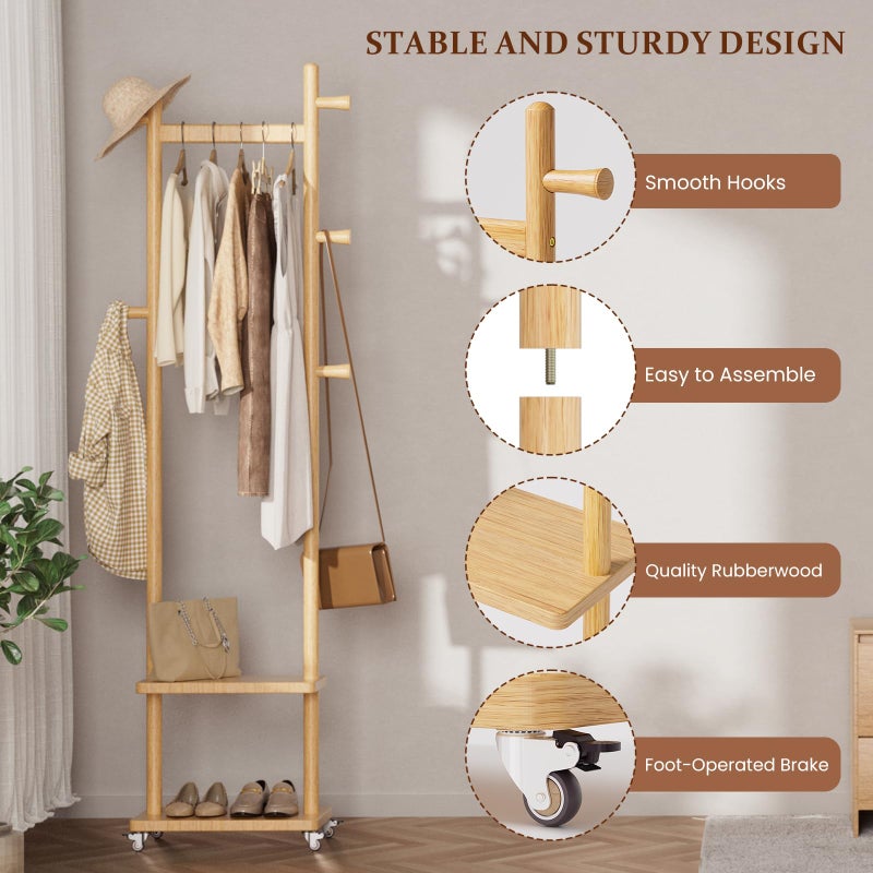 Taitiy Solid Wood Coat Rack Freestanding Clothing Rack with Wheels & 2 Shelves Storage & 5 Hooks Heavy Duty Clothes Rack Wood Coat Tree Stand Hat Hanger Rack for Corner Bedroom Entryway Living Room Hotel - Image 3
