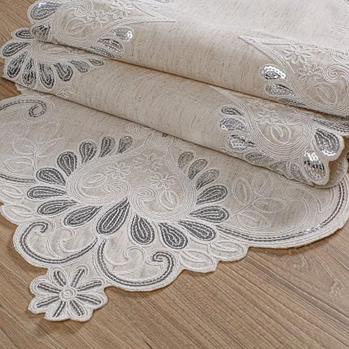 Oriental Weavers OrientalWeavers Cut Work Embroidered Linen Long Dining Table Runner for 6-Seater (16x72 inches), 6 feet Runner - Beige - Image 5