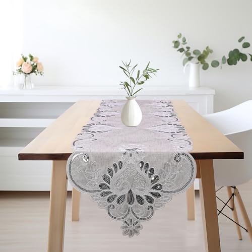 Oriental Weavers OrientalWeavers Cut Work Embroidered Linen Long Dining Table Runner for 6-Seater (16x72 inches), 6 feet Runner - Beige - Image 1