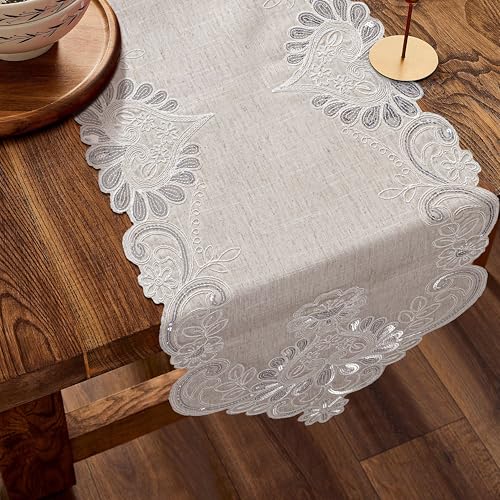 Oriental Weavers OrientalWeavers Cut Work Embroidered Linen Long Dining Table Runner for 6-Seater (16x72 inches), 6 feet Runner - Beige - Image 2