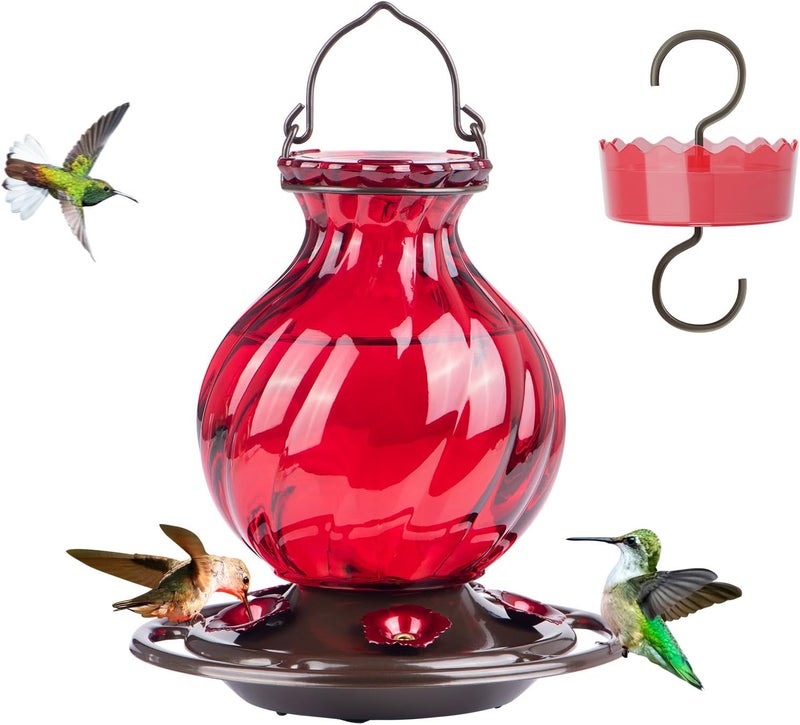 Auslar Garden Hummingbird Feeder, Glass Hummingbird Feeders for Outdoors, 5 Flower Feeding Ports, 26 Ounces, Rustproof, Leakproof, Netted Flower Bud Shape Bottle, Red - Image 1