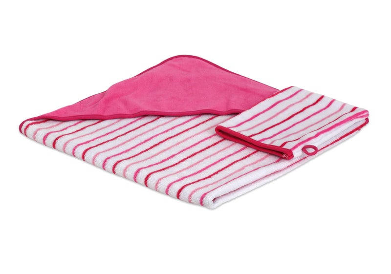 TowelSelections Turkish Cotton Hooded Terry Velour Baby Bath Towel and Glove Set Pink Striped