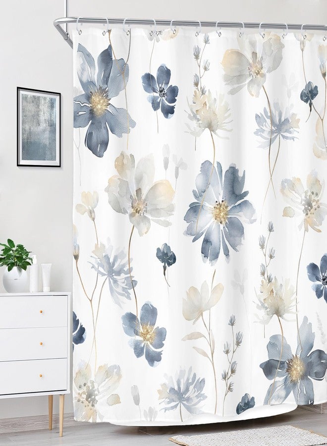 Riyidecor ستارة دش زهور زرقاء من ريدي ديكور، ستائر حمام نباتية ربيعية لطيفة للفتيات البوهيميات، مجموعة ديكور حمام بألوان مائية من الزهور البرية والنباتات الطبيعية، 72Wx72H قماش مطبوع فني مقاوم للماء - Image 3