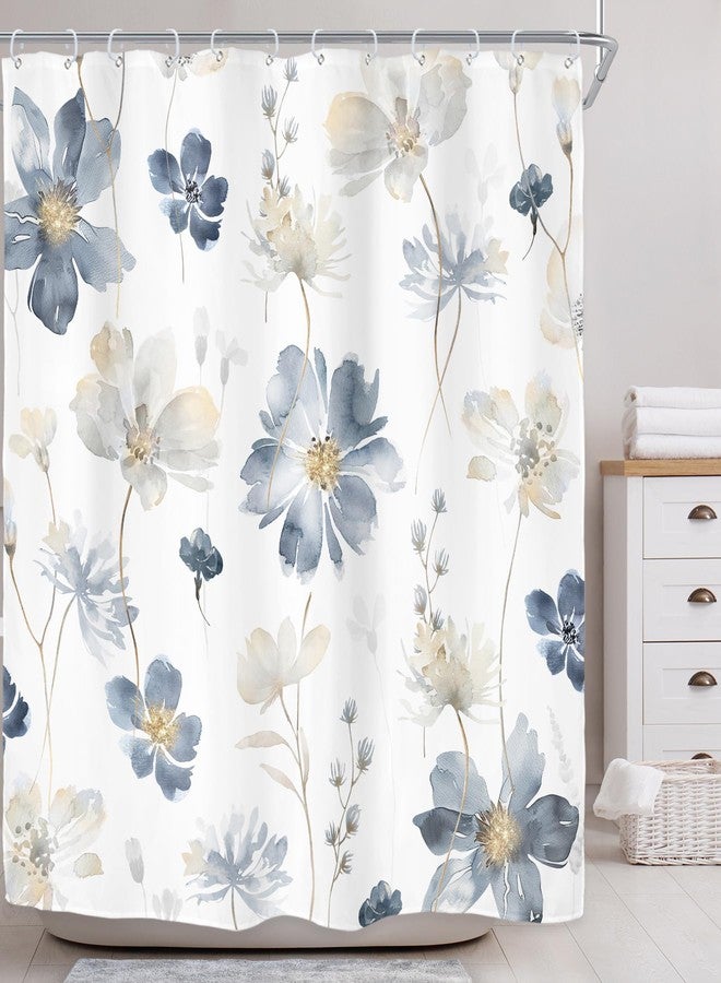 Riyidecor ستارة دش زهور زرقاء من ريدي ديكور، ستائر حمام نباتية ربيعية لطيفة للفتيات البوهيميات، مجموعة ديكور حمام بألوان مائية من الزهور البرية والنباتات الطبيعية، 72Wx72H قماش مطبوع فني مقاوم للماء - Image 2