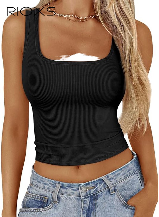 ريوكس بلوزة نسائية بدون أكمام برقبة مربعة مضلعة، قميص داخلي صيفي أساسي ضيق بدون أكمام، بلوزة كامي ضيقة سادة، قمصان عصرية كاجوال للعطلات الصيفية والتمارين الرياضية المنزلية. - Image 1