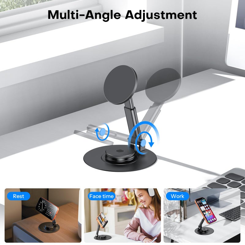 OMOTON 360Â° Rotating MS05 Magnetic Phone Stand for MagSafe, [Height Adjustable] Cell Phone Stand for Desk with Non-Slip Base, Office Desk Accessories for iPhone 17/16/15/14 Pro Max Air, Black - Image 3