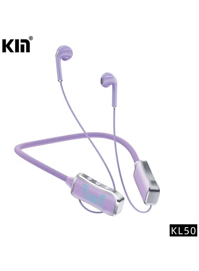 KIN KL50 Bluetooth Neckband Earphones with 48H Playtime, LED Display, TF Card Slot, Sweat-Resistant Design & Premium Sound – Purple Wireless Headset for Sports, Workouts & Everyday Use - Image 1