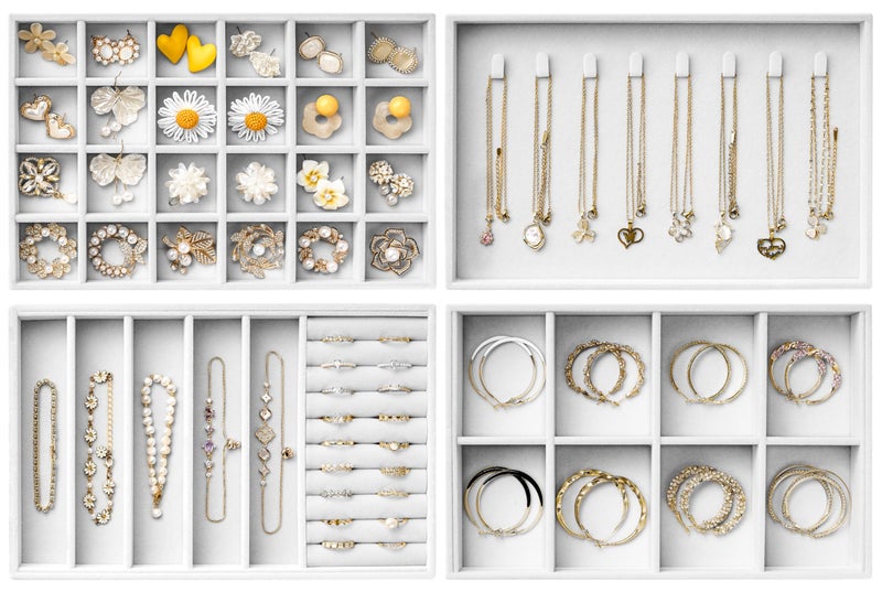 pickpiff Velvet Jewelry Drawer Organizer Trays â€“ Large White Stackable Jewelry Storage Inserts Set, 4-Layer Jewelry Tray Set for Earrings, Rings, Necklaces, Bracelets with Removable Dividers for Dresser,Vanity - Image 1