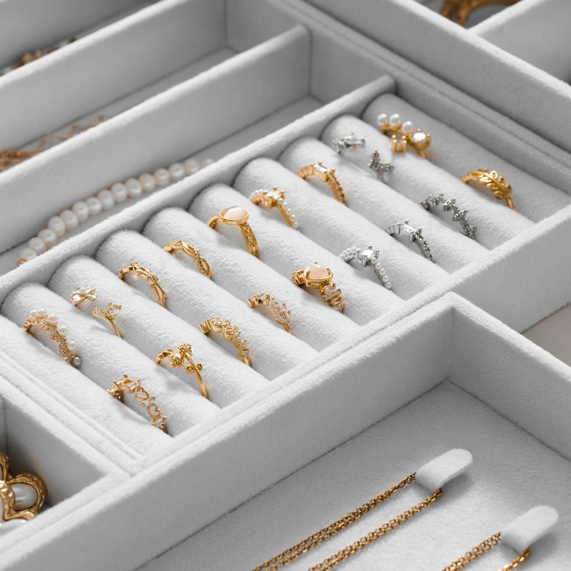 pickpiff Velvet Jewelry Drawer Organizer Trays â€“ Large White Stackable Jewelry Storage Inserts Set, 4-Layer Jewelry Tray Set for Earrings, Rings, Necklaces, Bracelets with Removable Dividers for Dresser,Vanity - Image 4