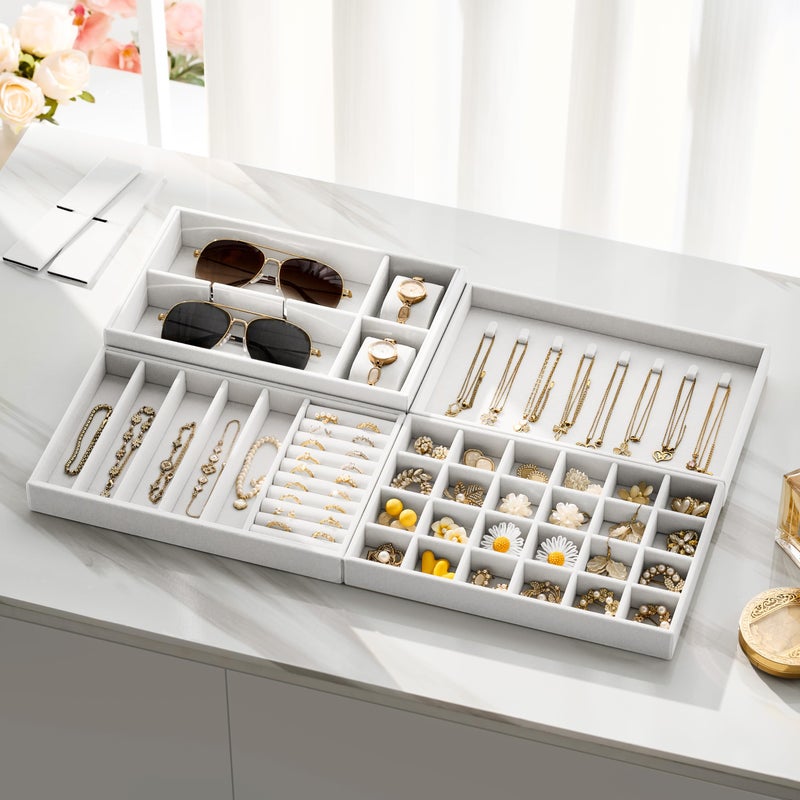 pickpiff Velvet Jewelry Drawer Organizer Trays â€“ Large White Stackable Jewelry Storage Inserts Set, 4-Layer Jewelry Tray Set for Earrings, Rings, Necklaces, Bracelets with Removable Dividers for Dresser,Vanity - Image 5