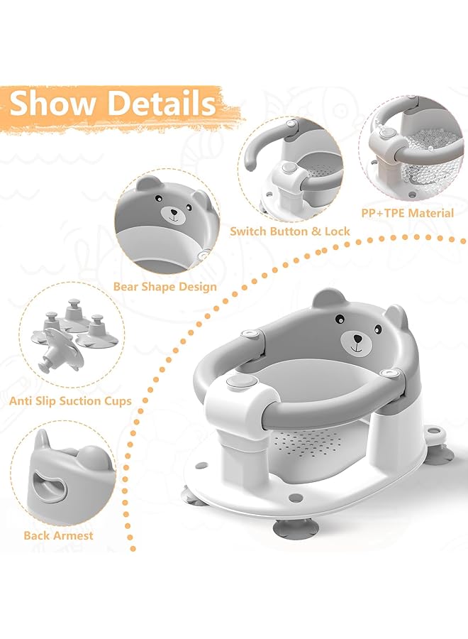 Paporich Baby Bath Seat For Babies 6 Months & Up Non Slip Toddler Bath Seats For Babies Sitting Up Safe Infant & Newborn Bathtub Chair With 4 Suction Cups & Soft Cushion For Shower Gray - Image 4
