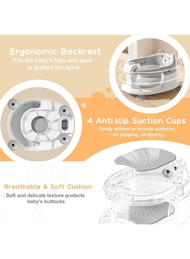 Paporich Baby Bath Seat For Babies 6 Months & Up Non Slip Toddler Bath Seats For Babies Sitting Up Safe Infant & Newborn Bathtub Chair With 4 Suction Cups & Soft Cushion For Shower Gray - Image 5