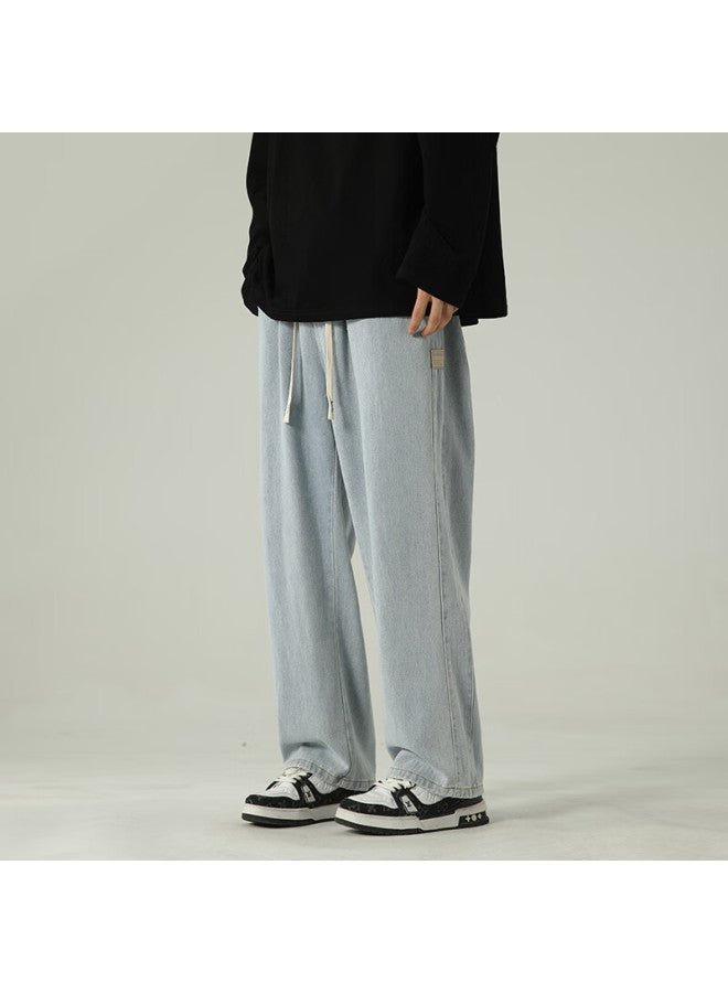 Izexx Elastic Waist Straight Leg Spring Denim Jeans For Men Washed Loose Casual Wide Leg Pants Zs61 Light Blue 2XL - Image 3