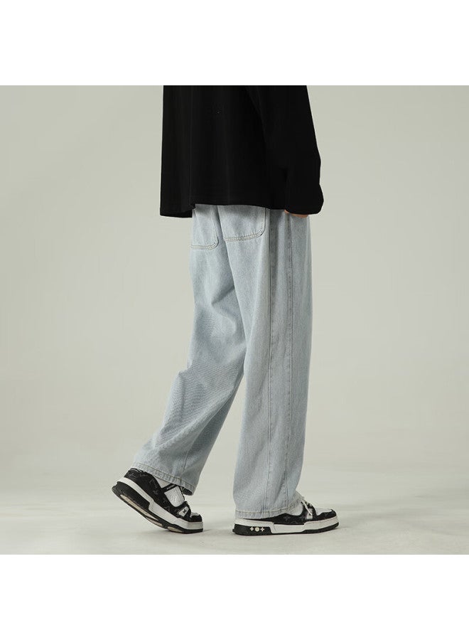 Izexx Elastic Waist Straight Leg Spring Denim Jeans For Men Washed Loose Casual Wide Leg Pants Zs61 Light Blue 2XL - Image 4