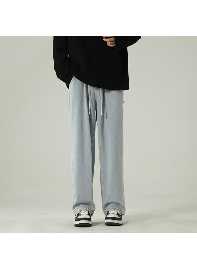 Izexx Elastic Waist Straight Leg Spring Denim Jeans For Men Washed Loose Casual Wide Leg Pants Zs61 Light Blue 2XL - Image 2